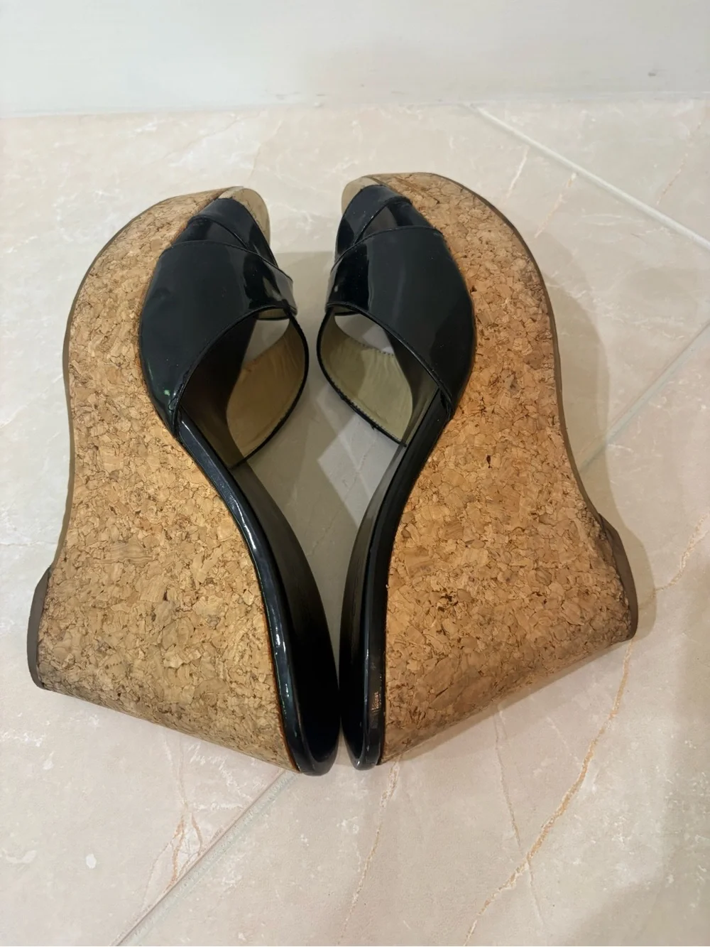 Jimmy Choo Perfume Black Patent Leather Cork Platform Wedge Sandals